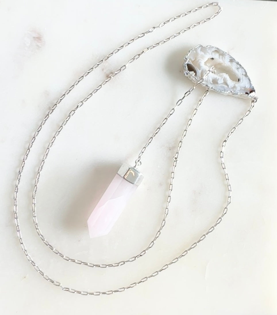 Silver Lariat Necklace w/ Oco Geode & Rose Quartz Point