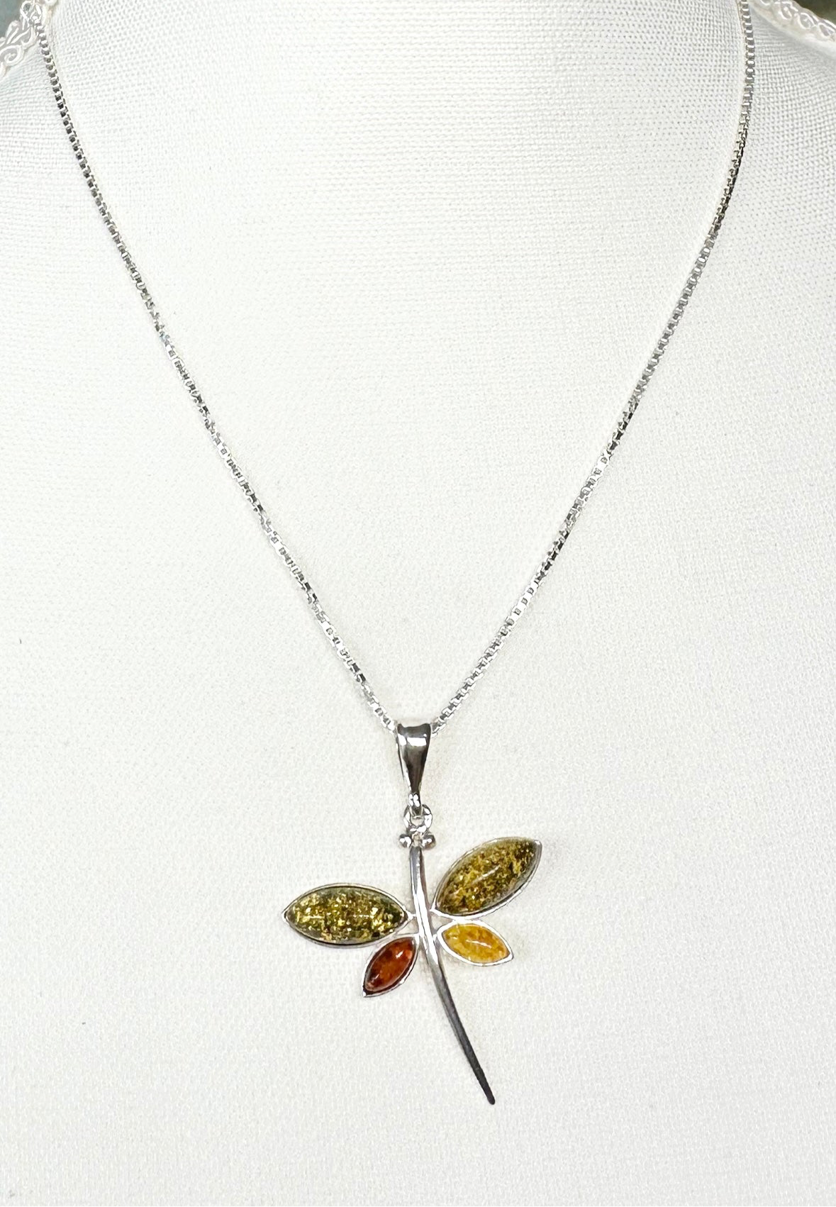 .925 Sterling Silver Necklace with Amber Dragonfly Pendant