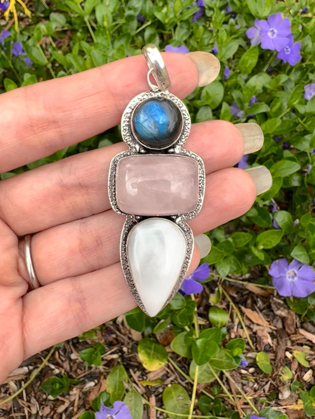 Silver Labradorite, Rose Quartz & Mother of Pearl Shell Pendant