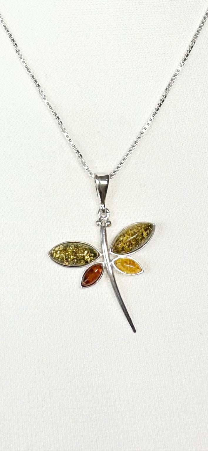 .925 Sterling Silver Necklace with Amber Dragonfly Pendant
