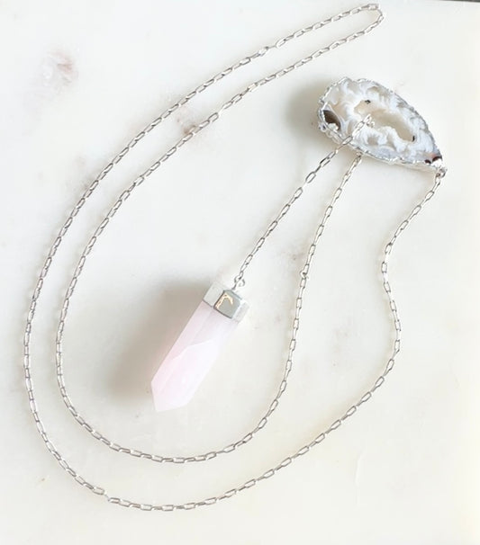 Silver Lariat Necklace w/ Oco Geode & Rose Quartz Point