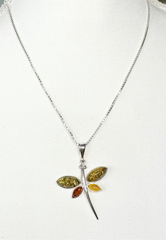 .925 Sterling Silver Necklace with Amber Dragonfly Pendant
