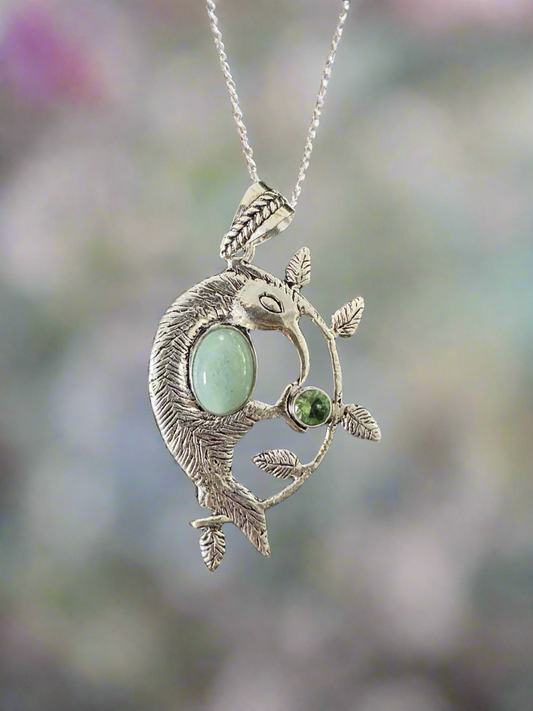 Silver Peridot and Green Aquamarine Hummingbird Pendant