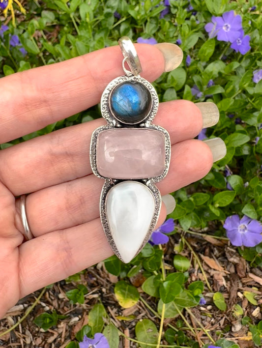 Silver Labradorite, Rose Quartz & Mother of Pearl Shell Pendant