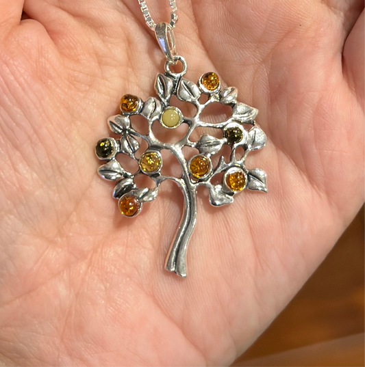 .925 Sterling Silver Baltic Amber Tree of Life Pendant