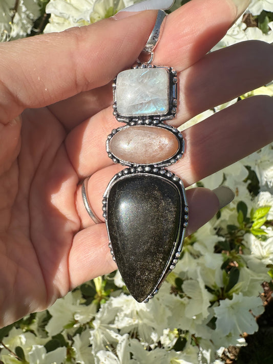 Silver Moonstone, SunStone and Golden Sheen Obsidian Pendant