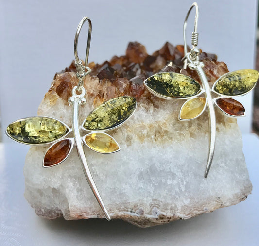 .925 Sterling Silver Amber Dragonfly Earrings