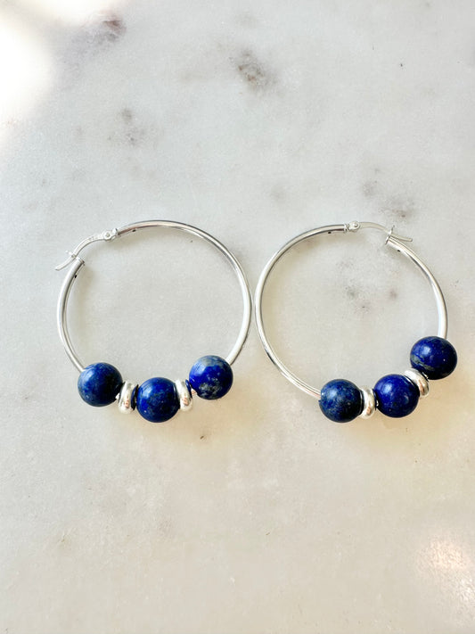 .925 Sterling Silver Hoop Earrings with Lapis Lazuli