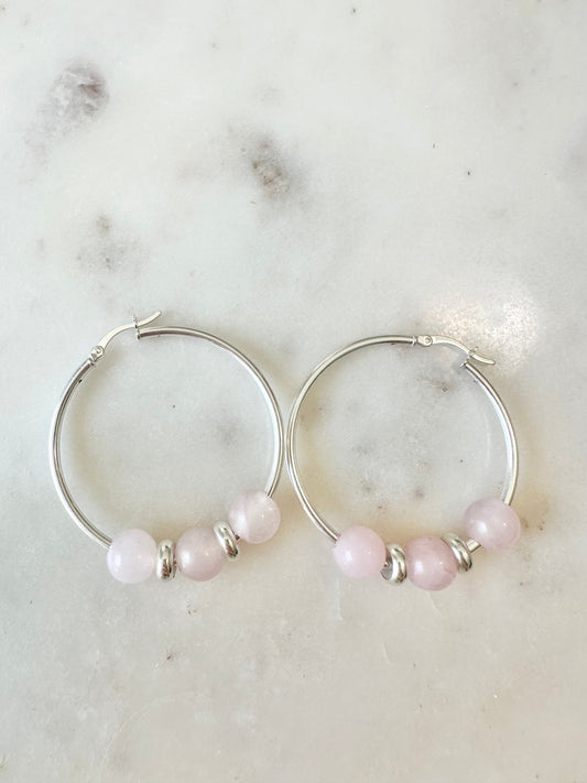 .925 Sterling Silver Hoop Earrings with Rose Quartz