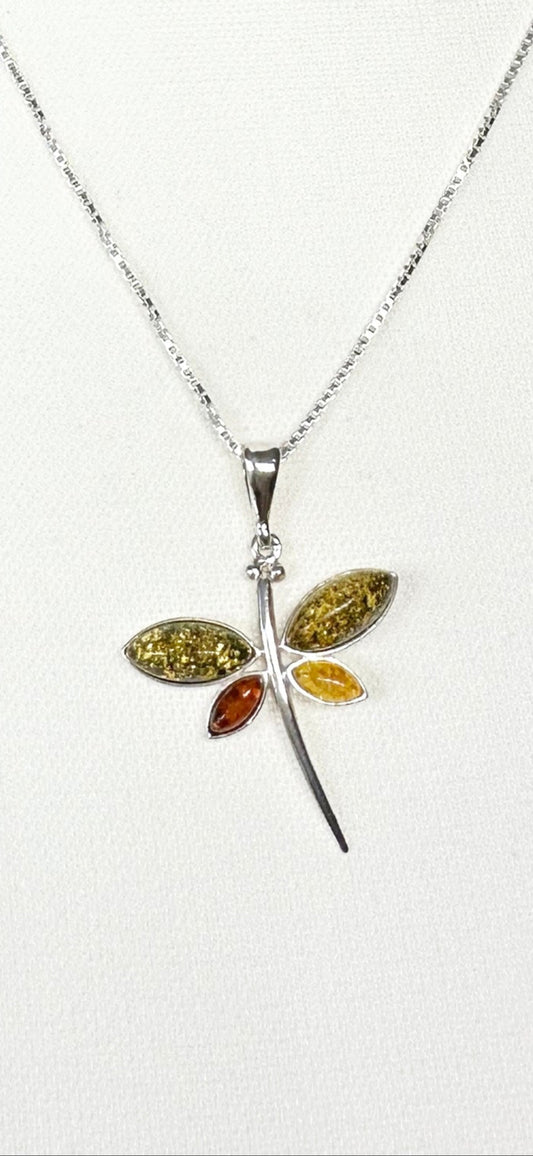 .925 Sterling Silver Necklace with Amber Dragonfly Pendant