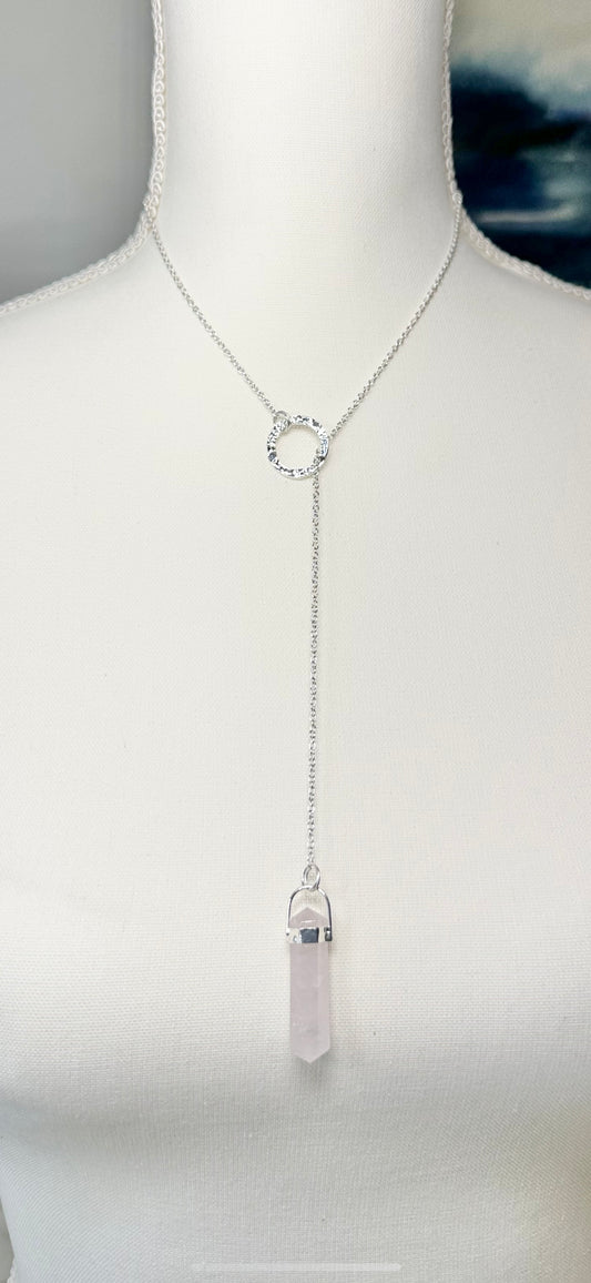 .925 Sterling Silver Lariat Necklace with Rose Quartz